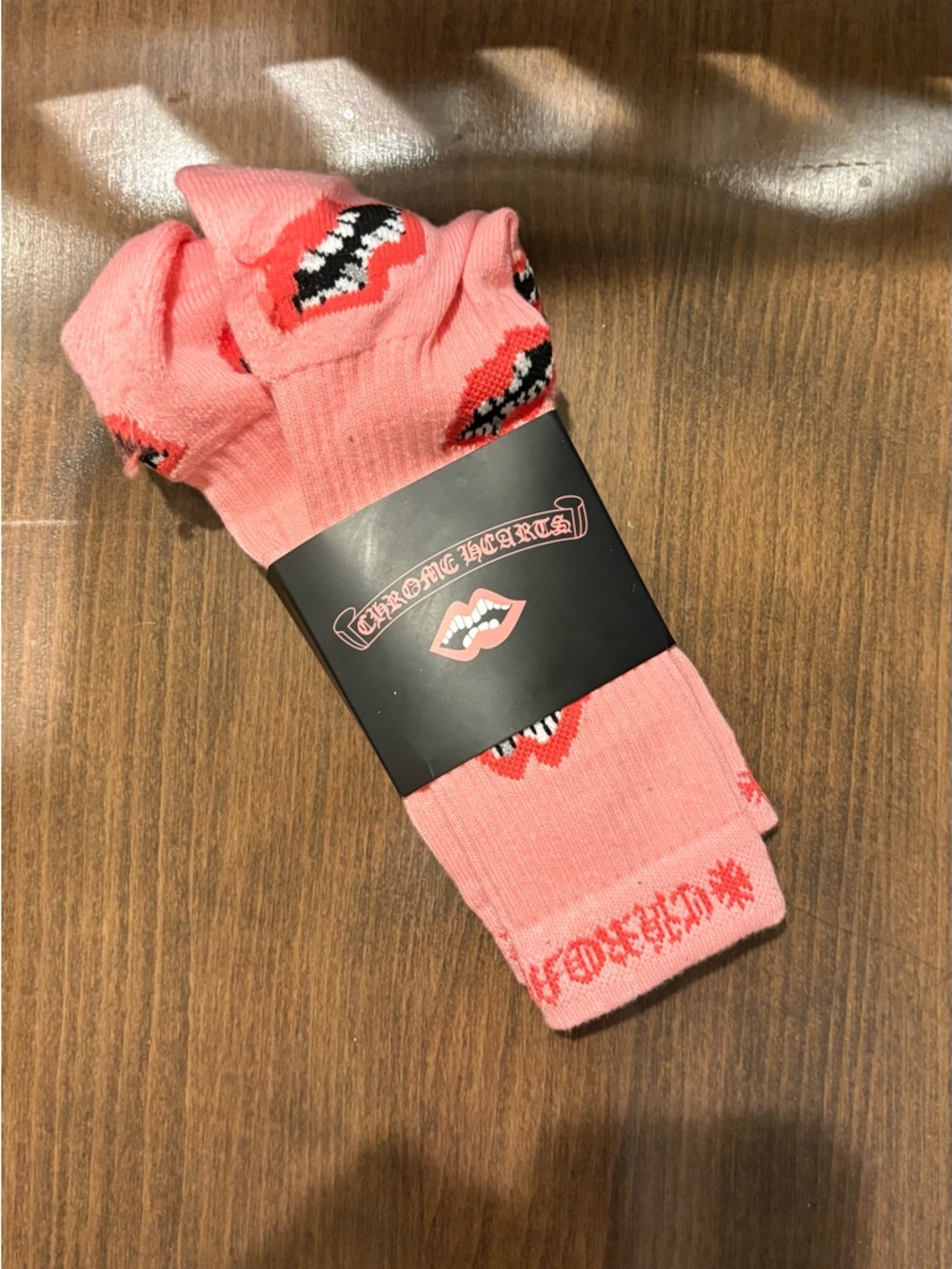 Chrome Hearts Pink Crew Socks with Red & Black Lip Motif
